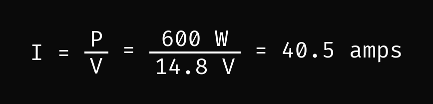 Current equals power divided by voltage: 1000 divided by 14.8 equals 67.5 amps